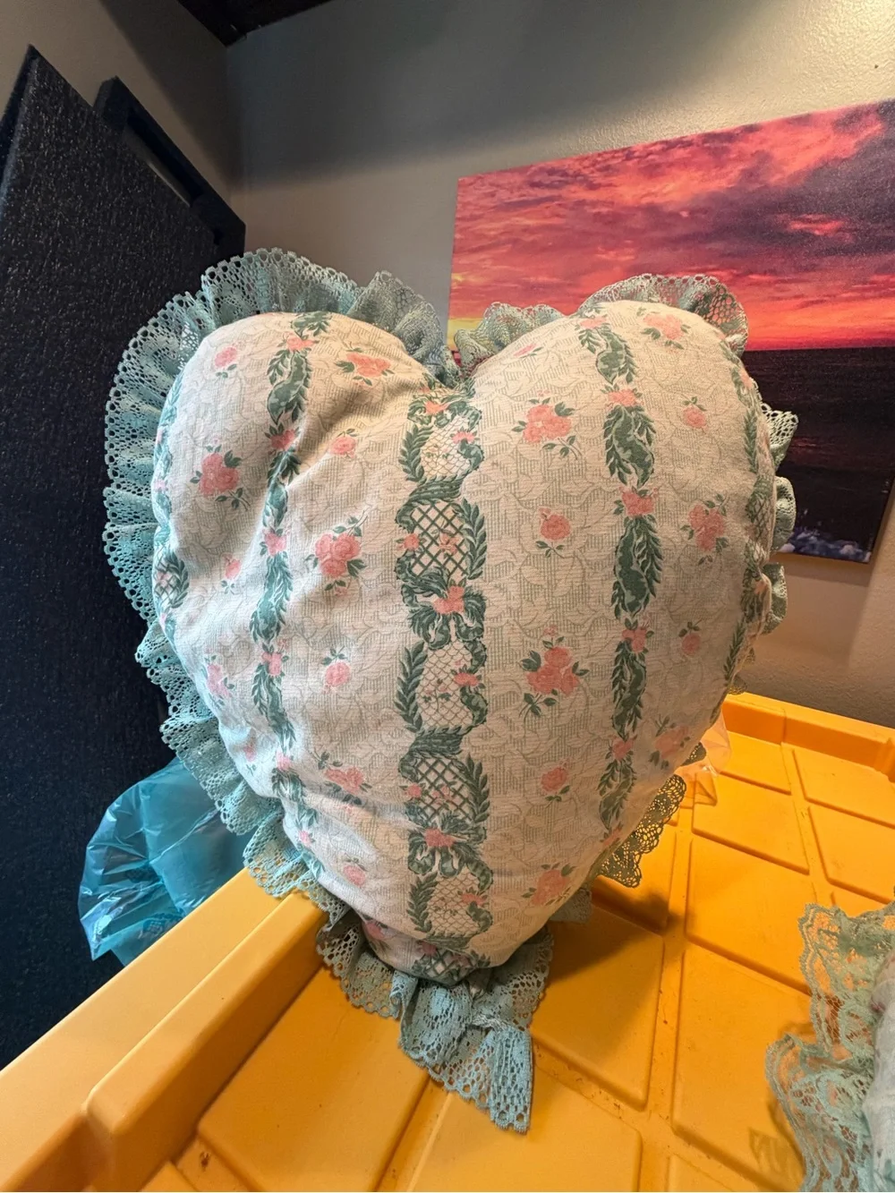 Vintage Lace Throw Pillow set green & blush floral hearts cottagecore